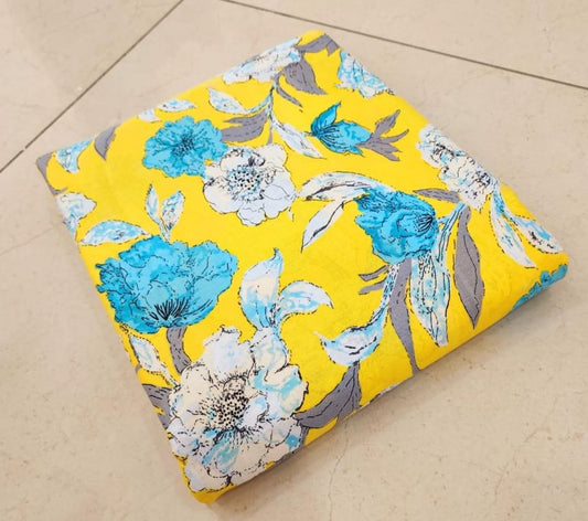 Yellow Blue Floral Printed Dress Material