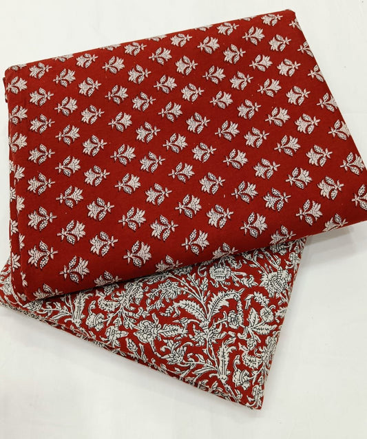 Brick Red Floral Block Print Co-Ord Set Fabric for Women