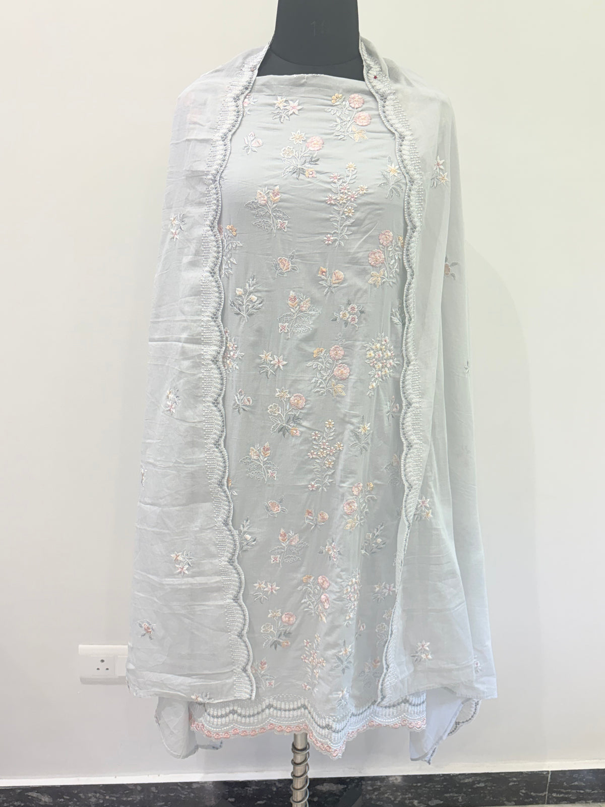 Powder Blue Floral Embroidered Semi-Stitched Suit with Dupatta