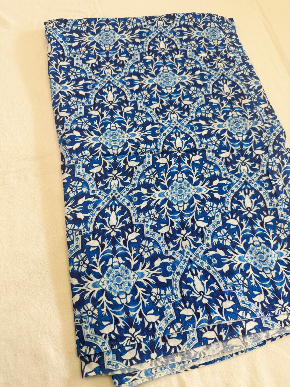 Royal Blue Floral Mughal Print Running Material Fabric for Women