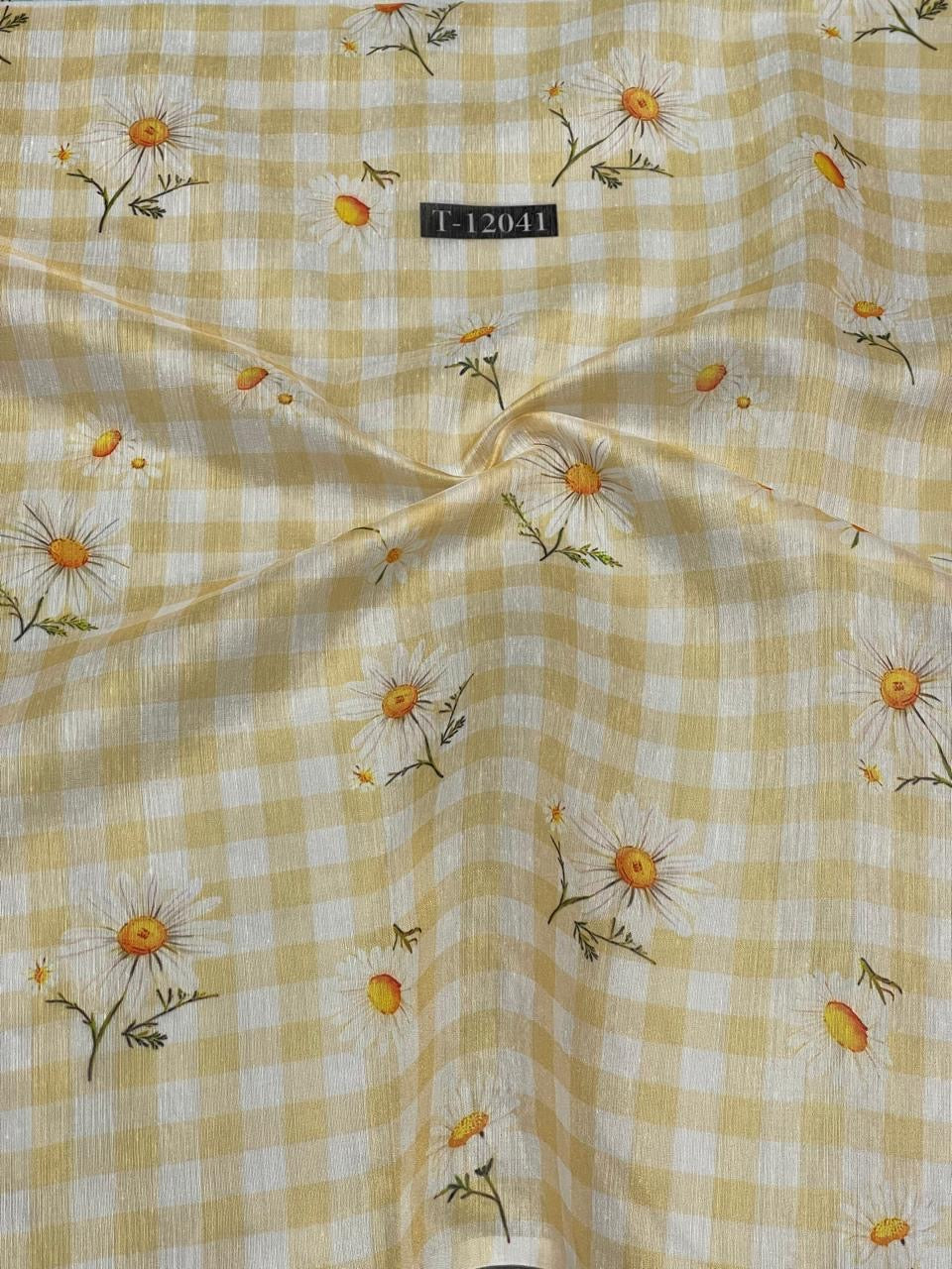 Lemon Yellow Gingham Daisy Printed Running Material Fabric for Women
