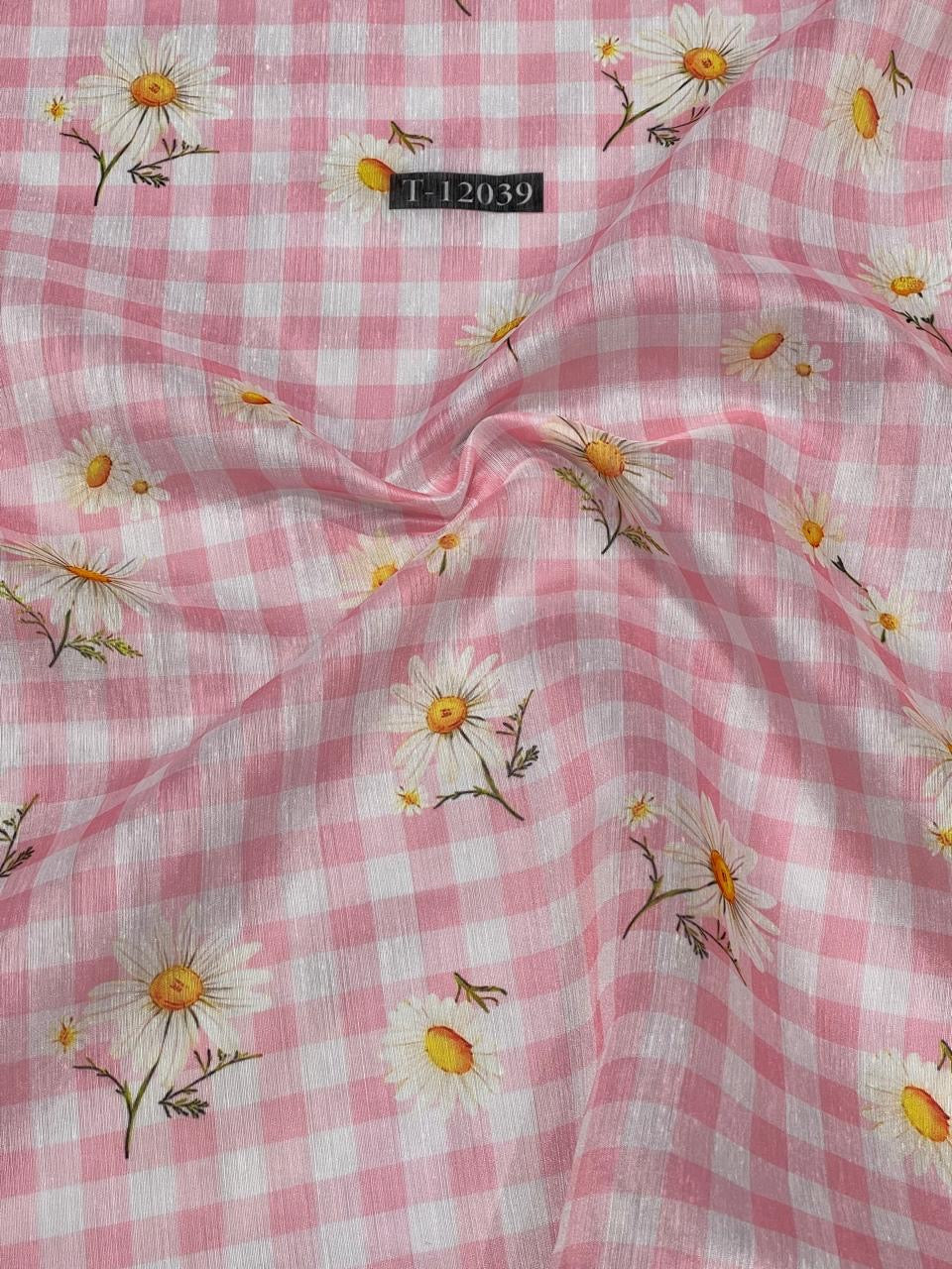Baby Pink Gingham Daisy Printed Running Material Fabric for Women