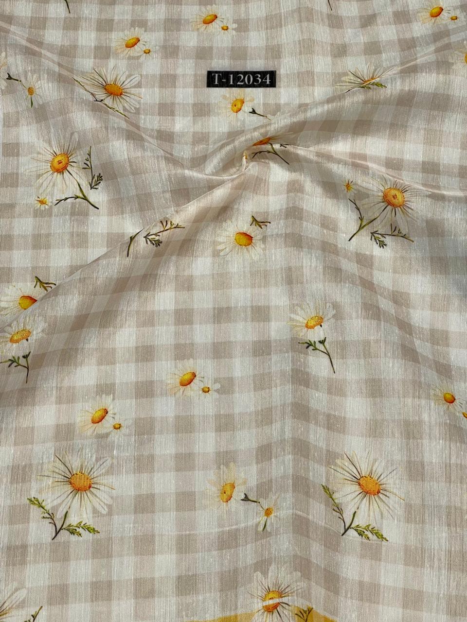 Beige Gingham Daisy Printed Running Material Fabric for Women