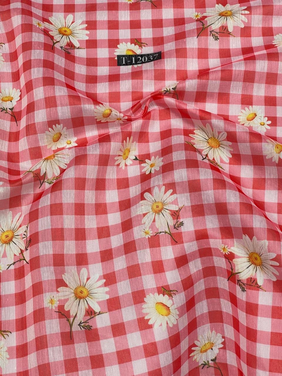Red Gingham Daisy Printed Running Material Fabric for Women