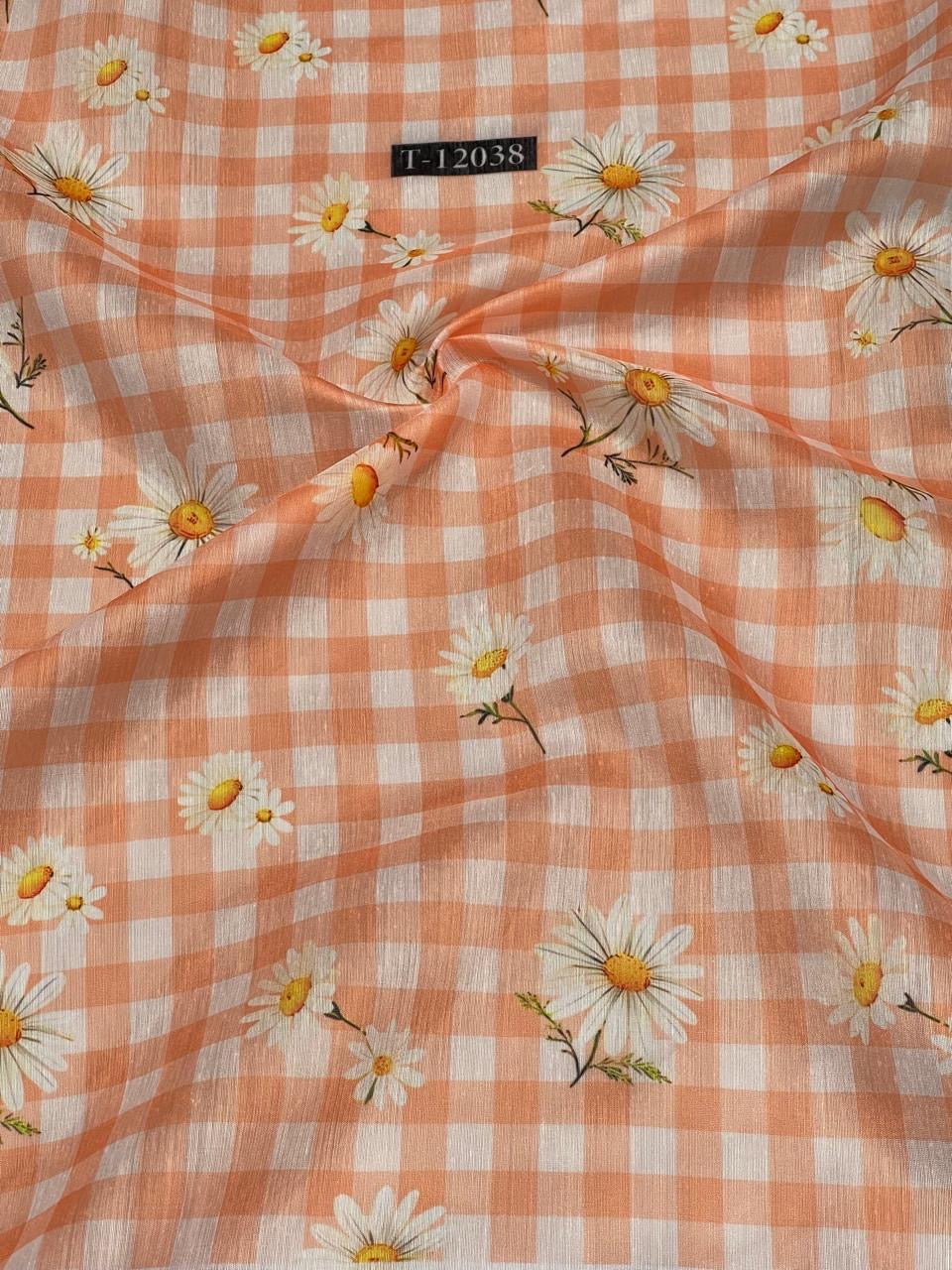 Peach Gingham Daisy Printed Running Material Fabric for Women