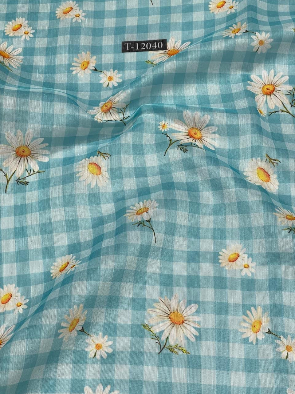 Aqua Blue Gingham Daisy Printed Running Material Fabric for Women