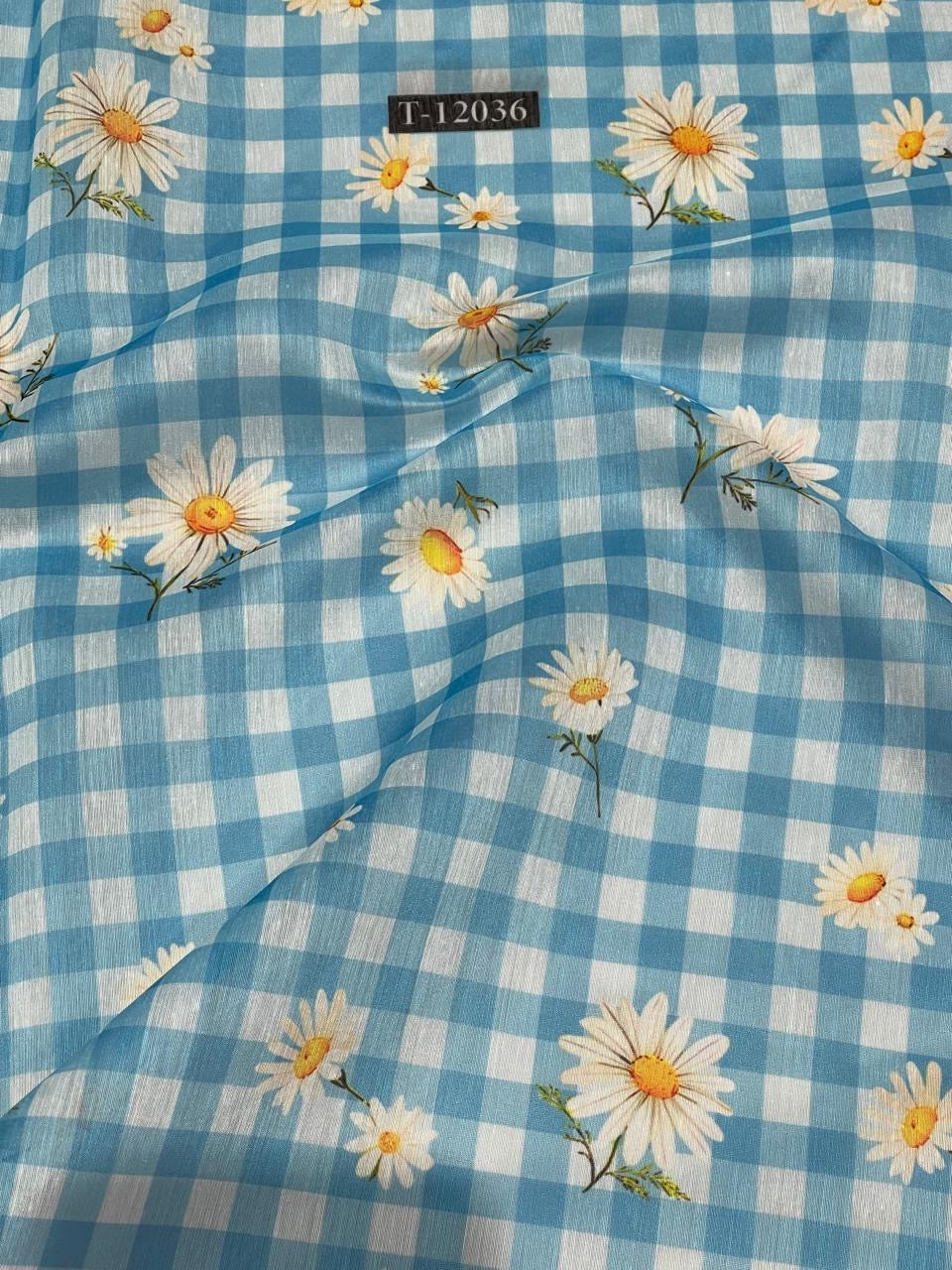 Sky Blue Gingham Daisy Printed Running Material Fabric for Women
