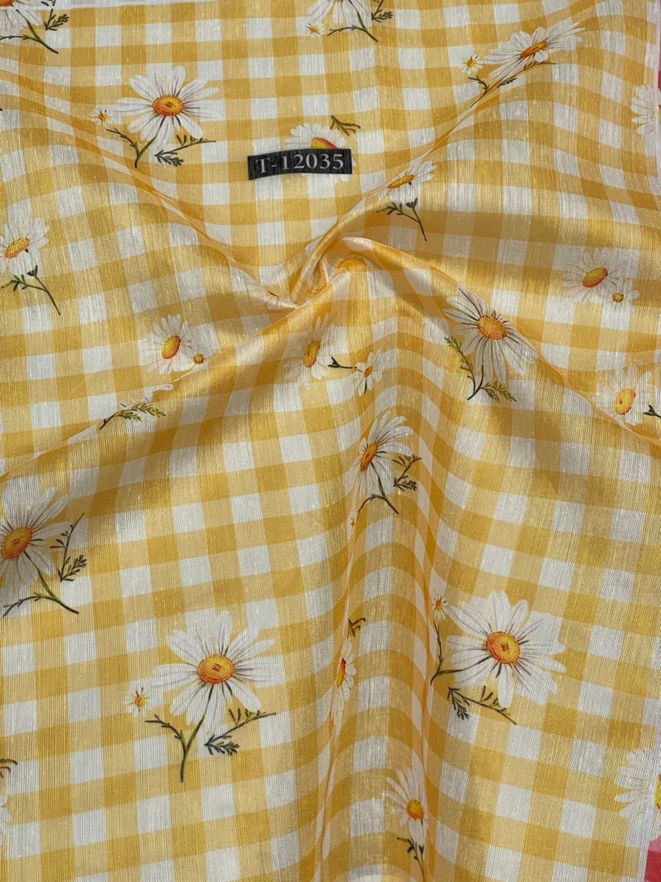 Mustard Yellow Gingham Daisy Printed Running Material Fabric for Women
