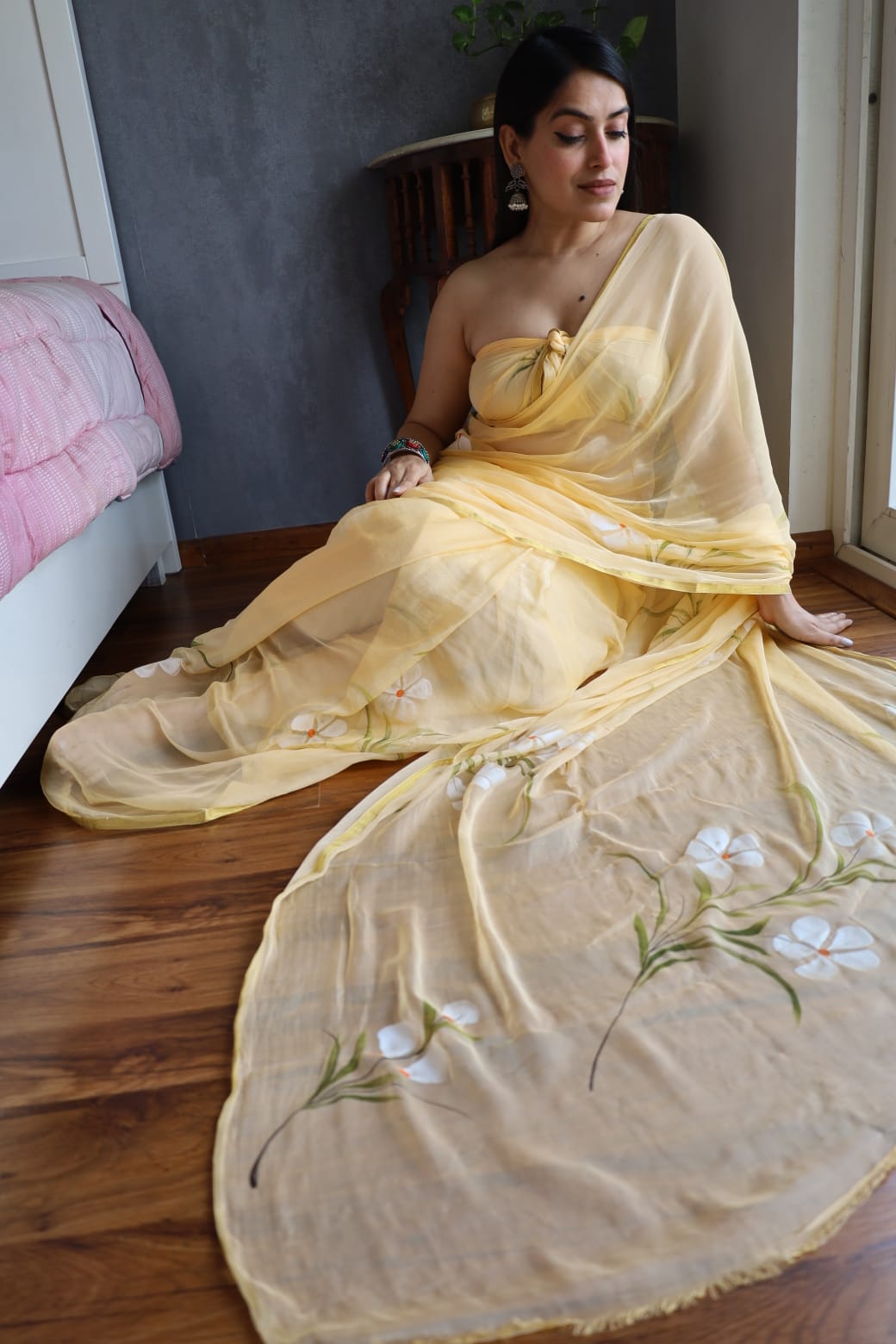 Pastel Yellow Floral Embroidered Saree Fabric with Tassel Detailing