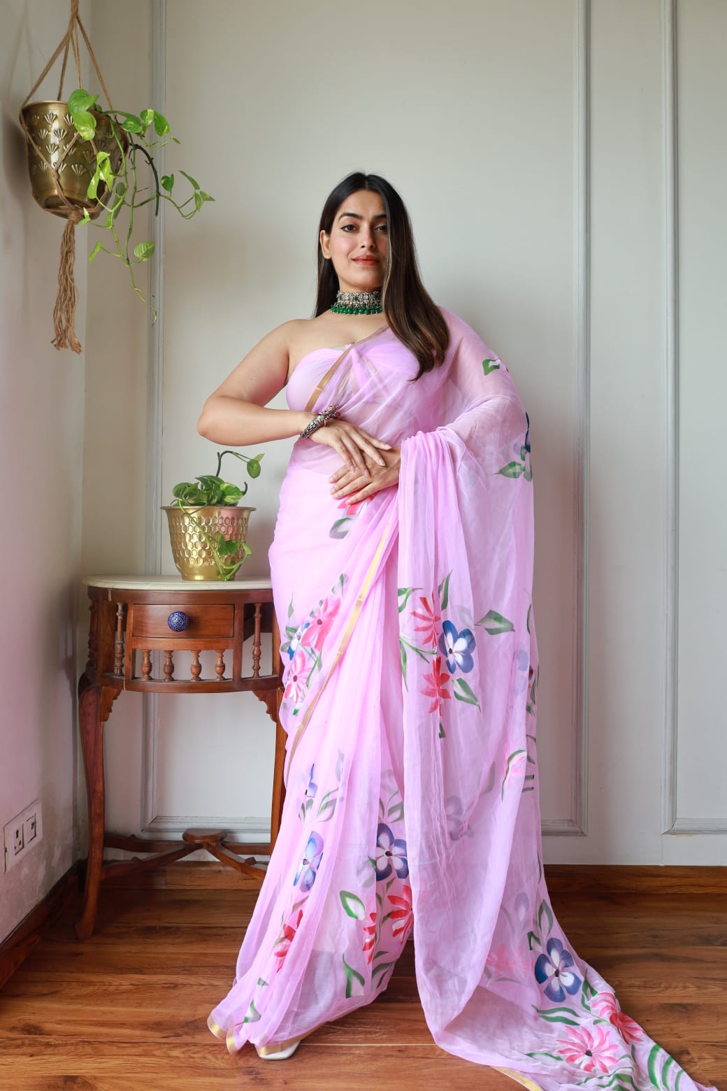 Powder Pink Blue Floral Printed Saree Fabric with Golden Border