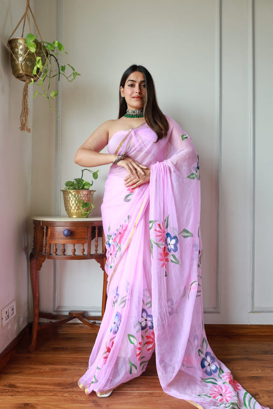 Pink Floral Printed Organza Saree