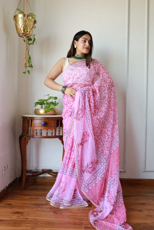 Pink Floral Printed Cotton Saree