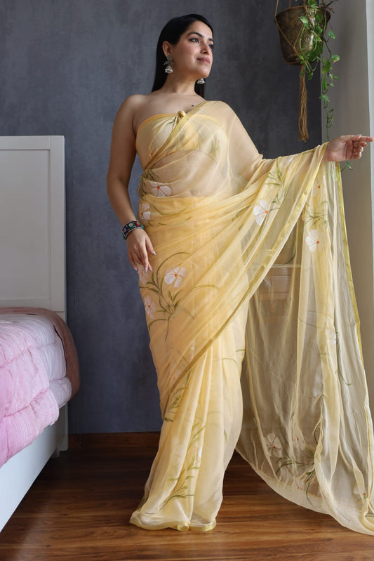 Pastel Yellow Floral Organza Saree