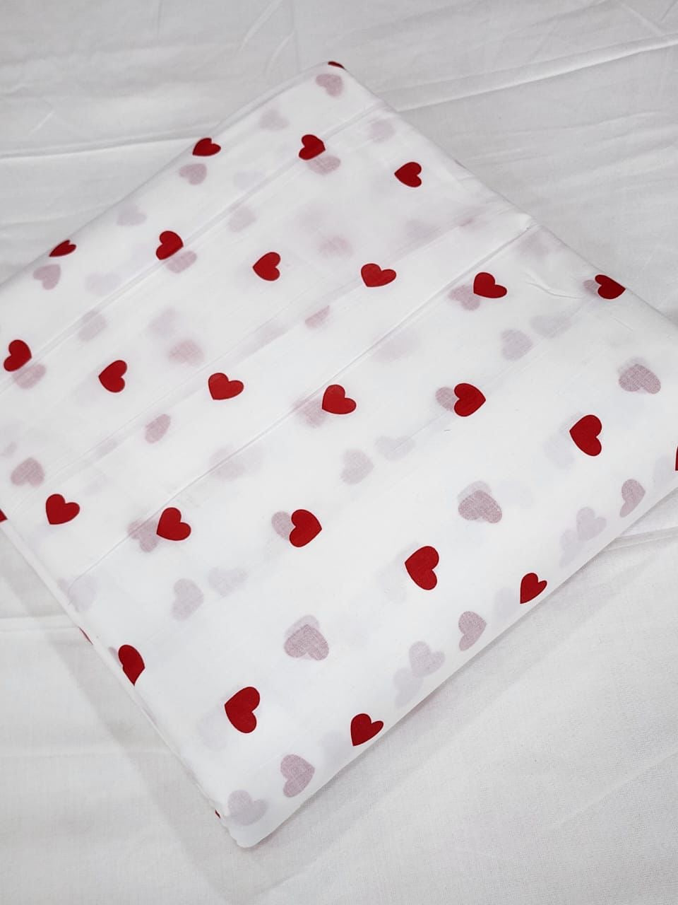 White & Red Heart Printed Running Material Fabric for Women