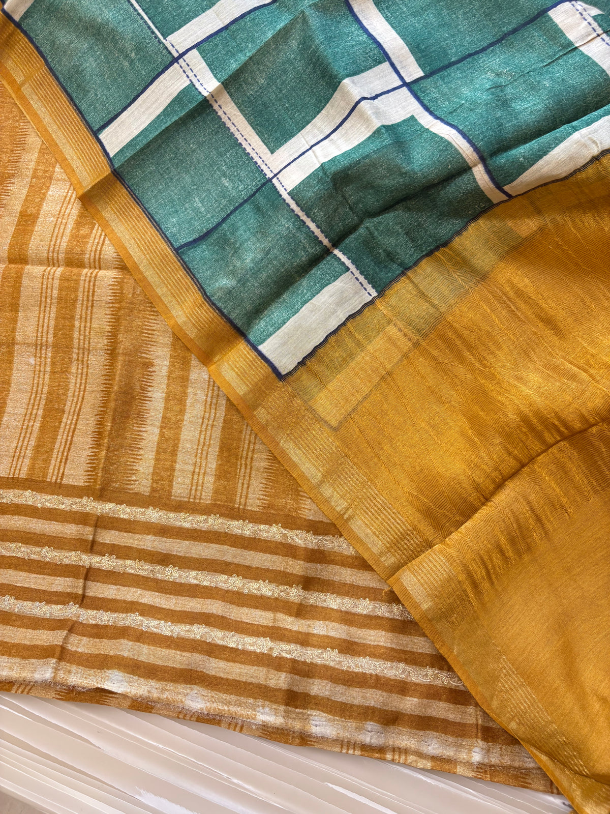 Mustard Teal Checked Semi-Stitched Suit with Dupatta