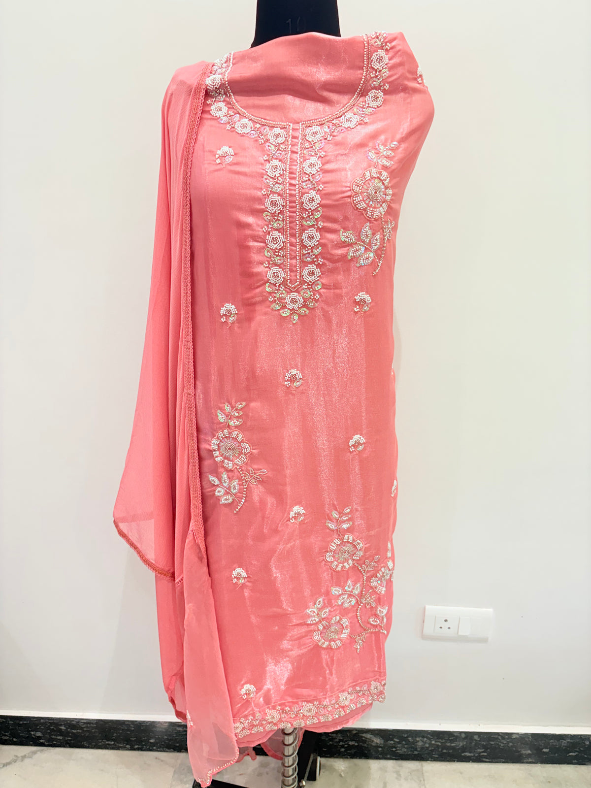 Peach Pink Embroidered Semi-Stitched Suit with Dupatta