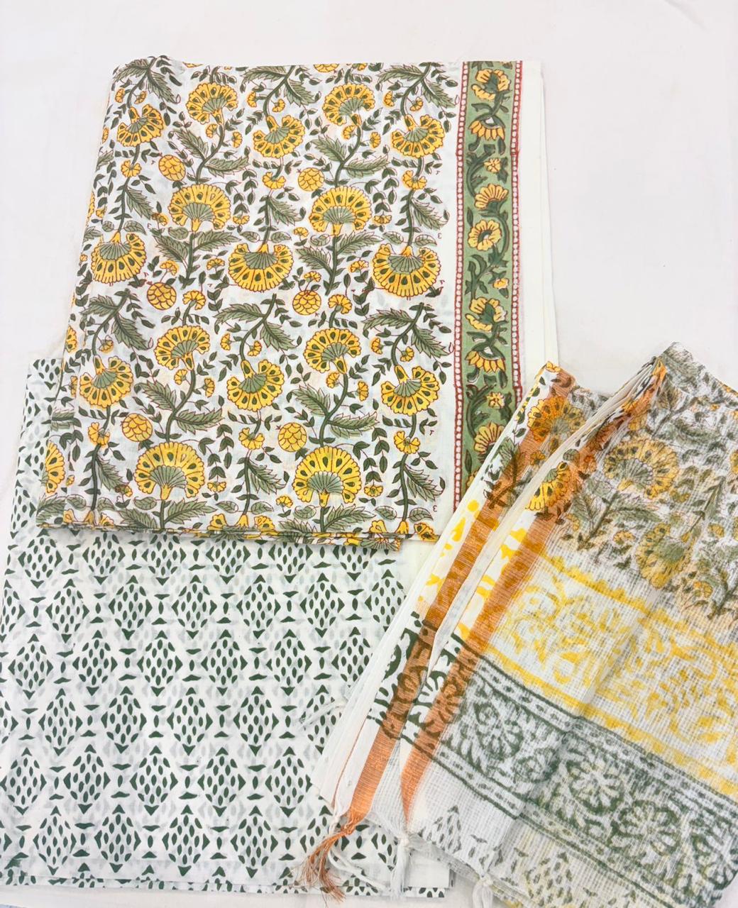 White Mustard Green Block Print Semi-Stitched Suit with Dupatta