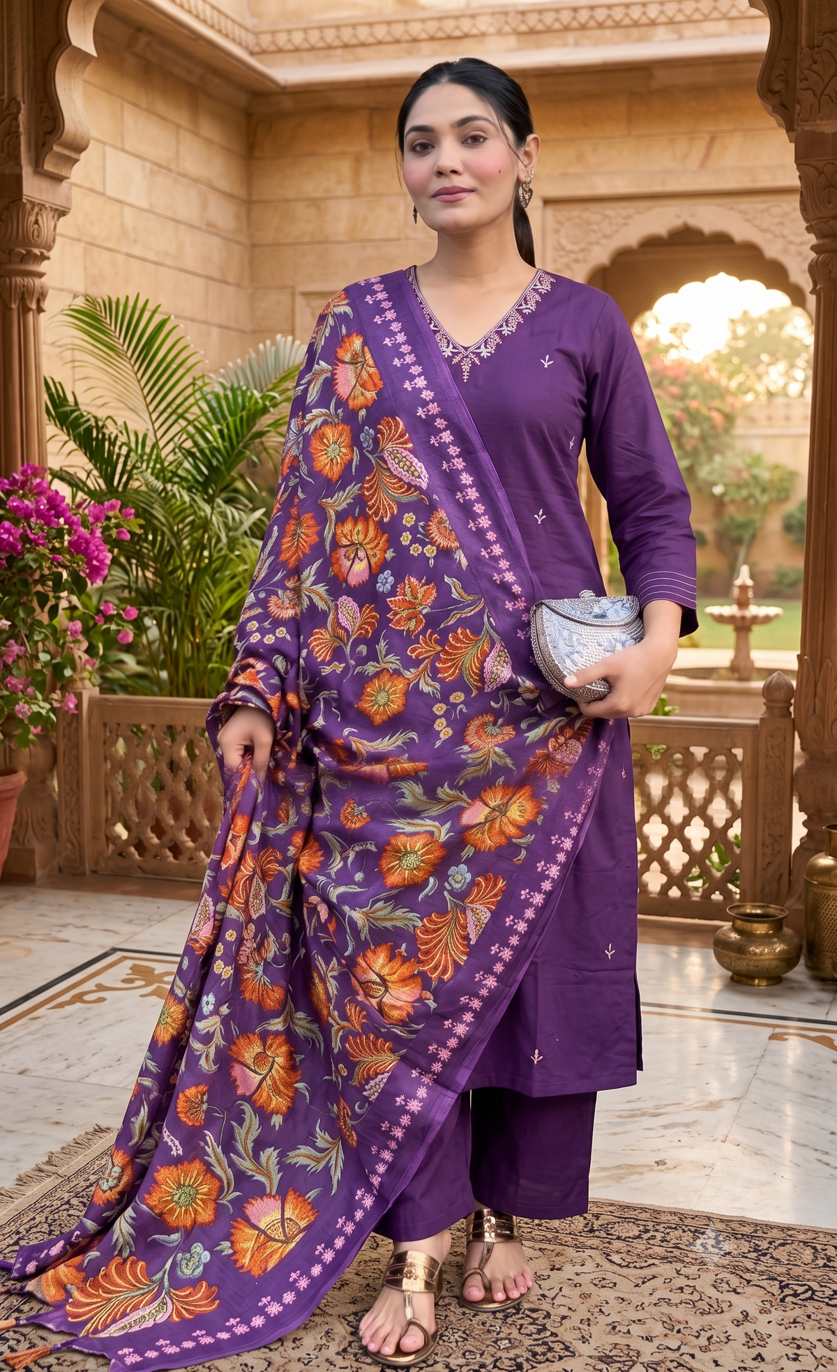 Deep Purple Floral Embroidered Kurta Set with Kalamkari Print Dupatta