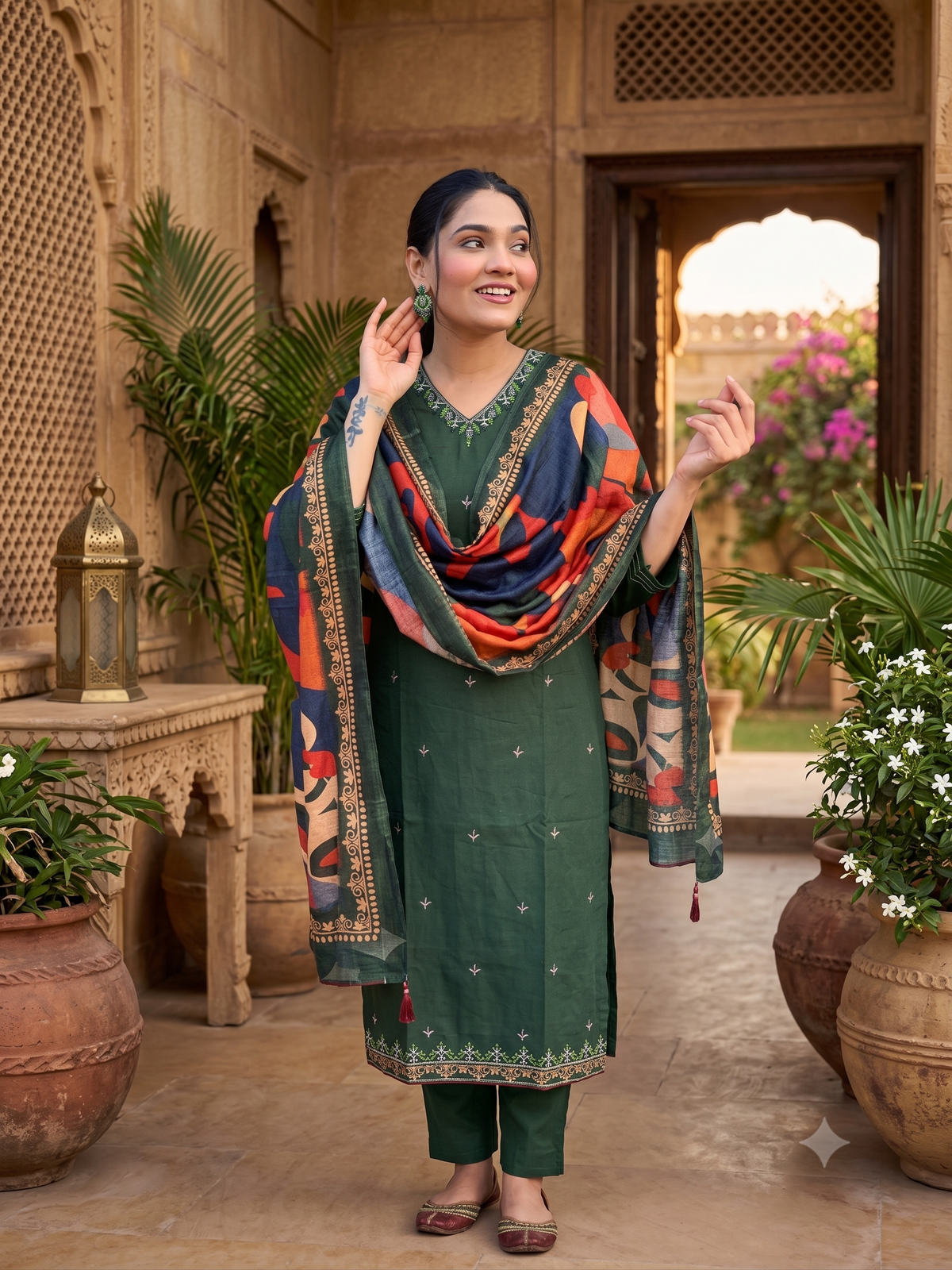 Deep Purple Floral Embroidered Kurta Set with Kalamkari Print Dupatta