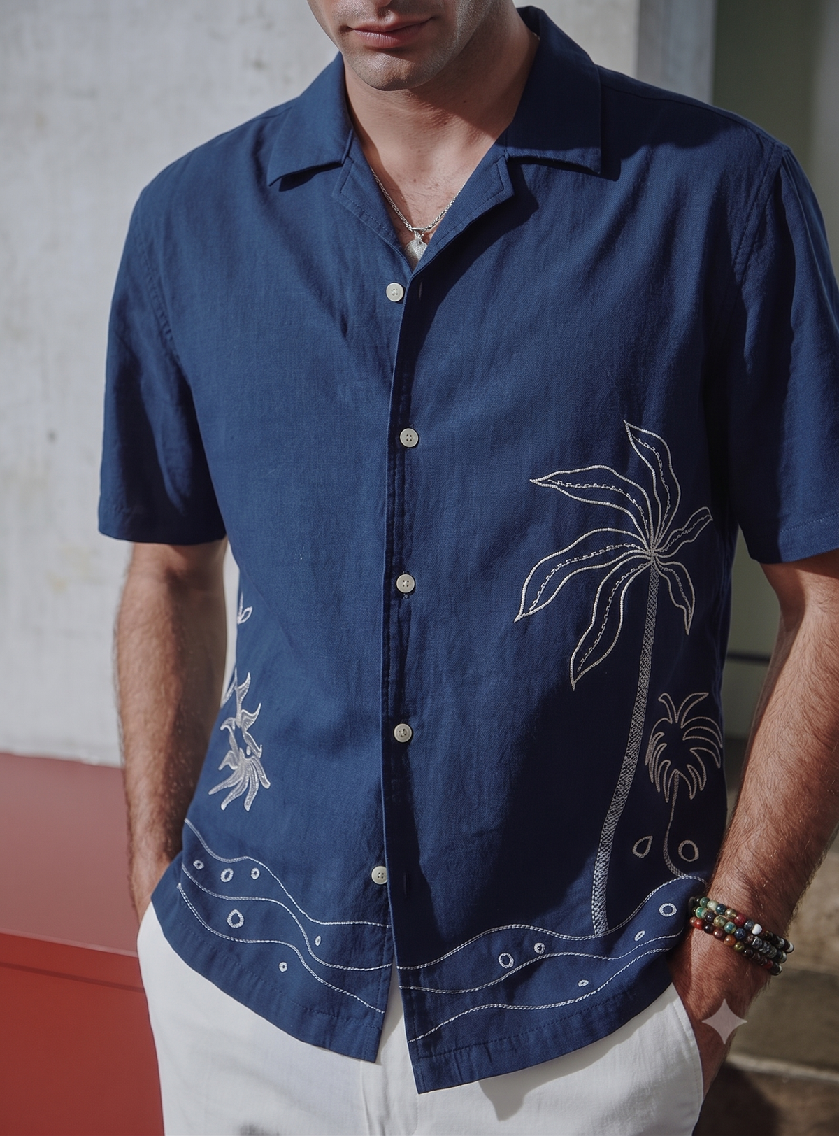 Embroidered European Linen Camp Shirt