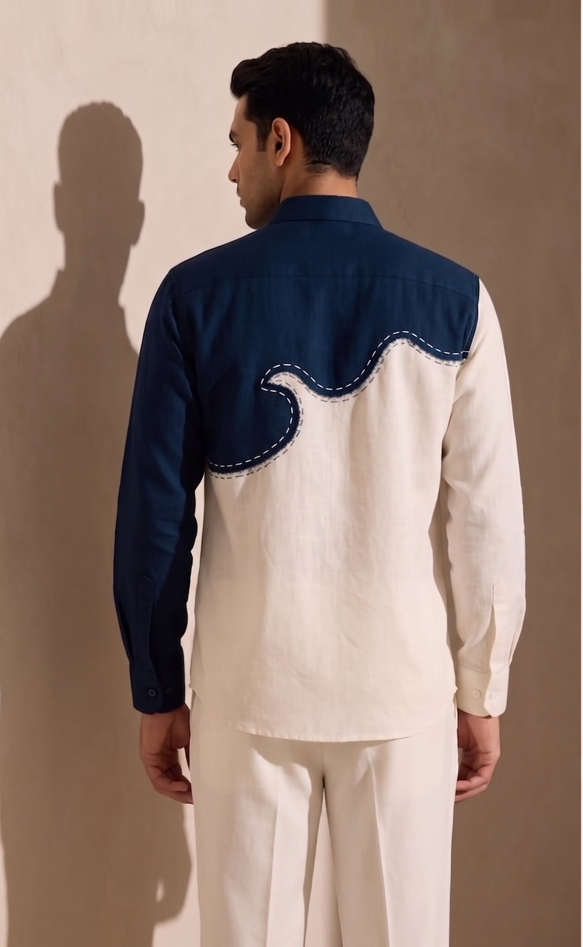Wave Embroidered Linen Shirt Set