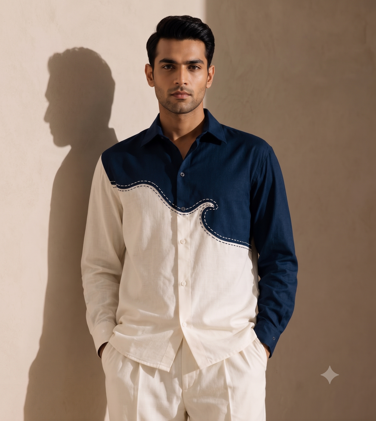 Wave Embroidered Linen Shirt Set