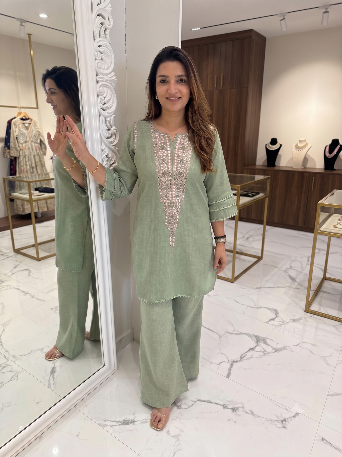 Sage Green Mirror-Embroidered Kurta & Palazzo Set