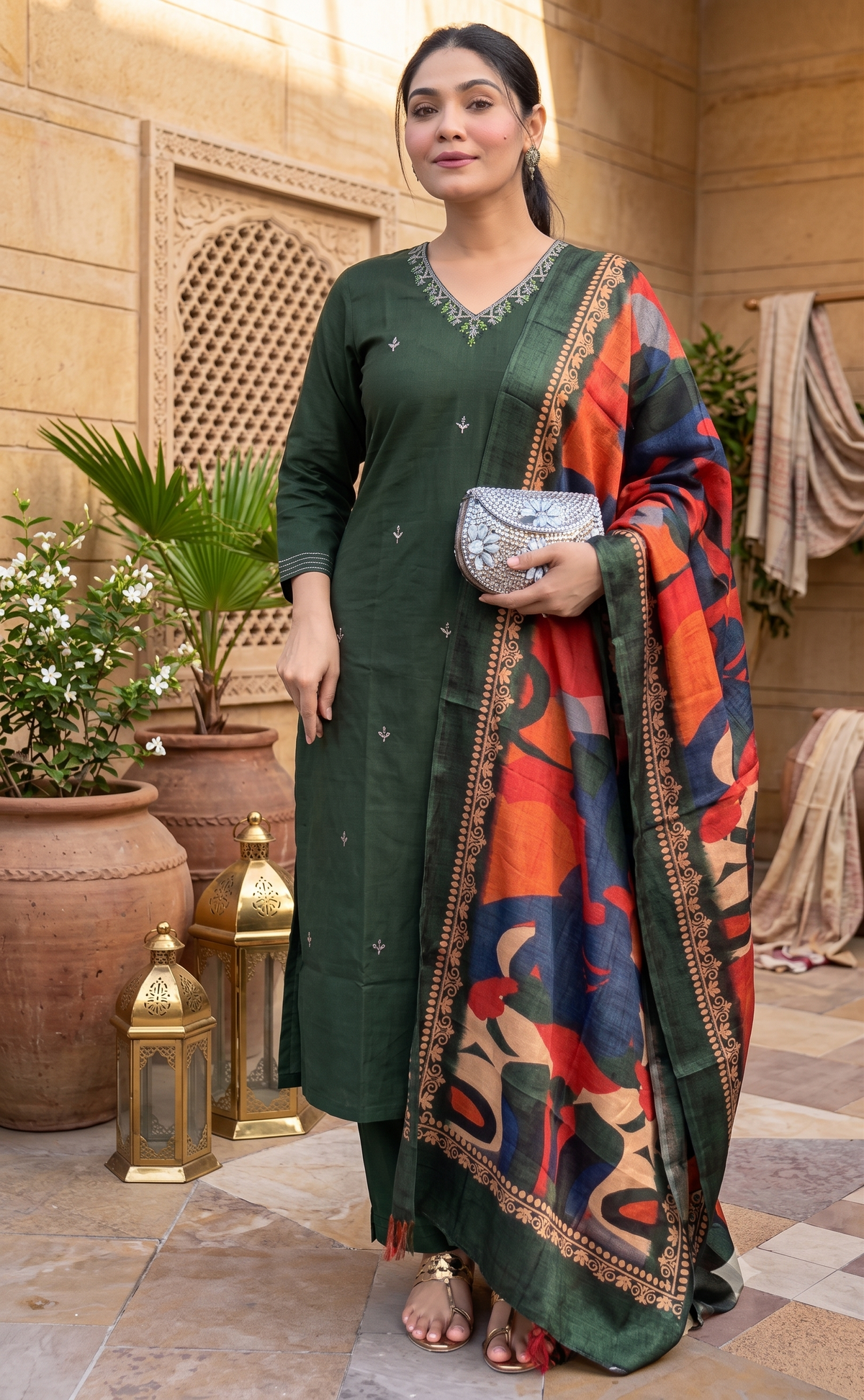 Deep Purple Floral Embroidered Kurta Set with Kalamkari Print Dupatta