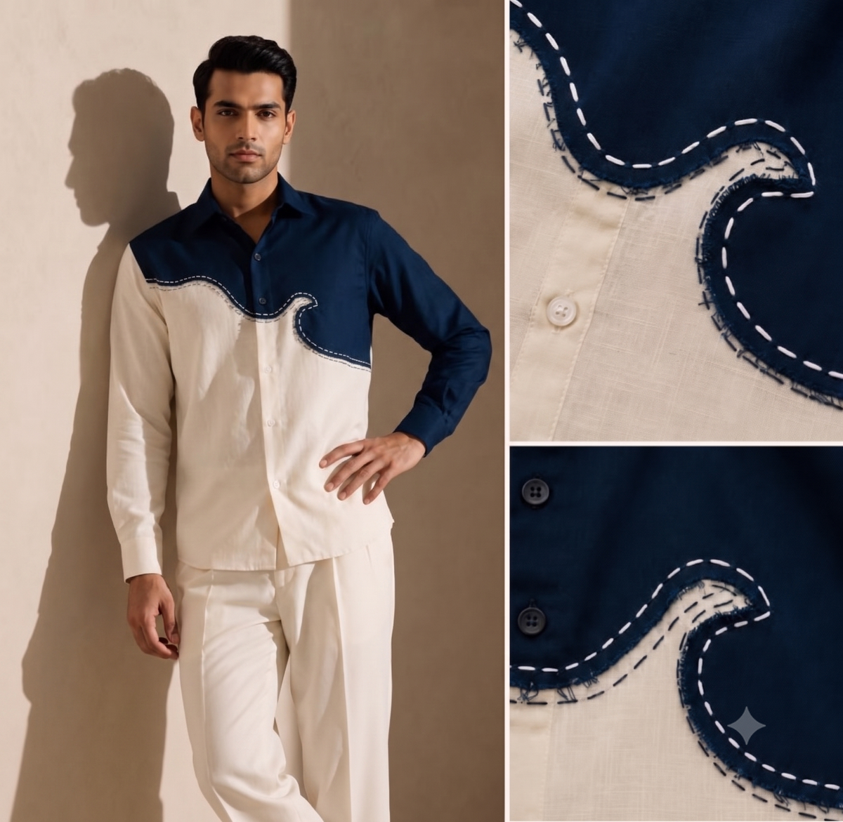 Wave Embroidered Linen Shirt Set