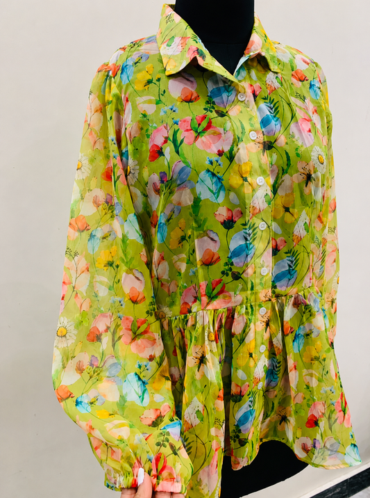 Green Floral Printed Peplum Shirt