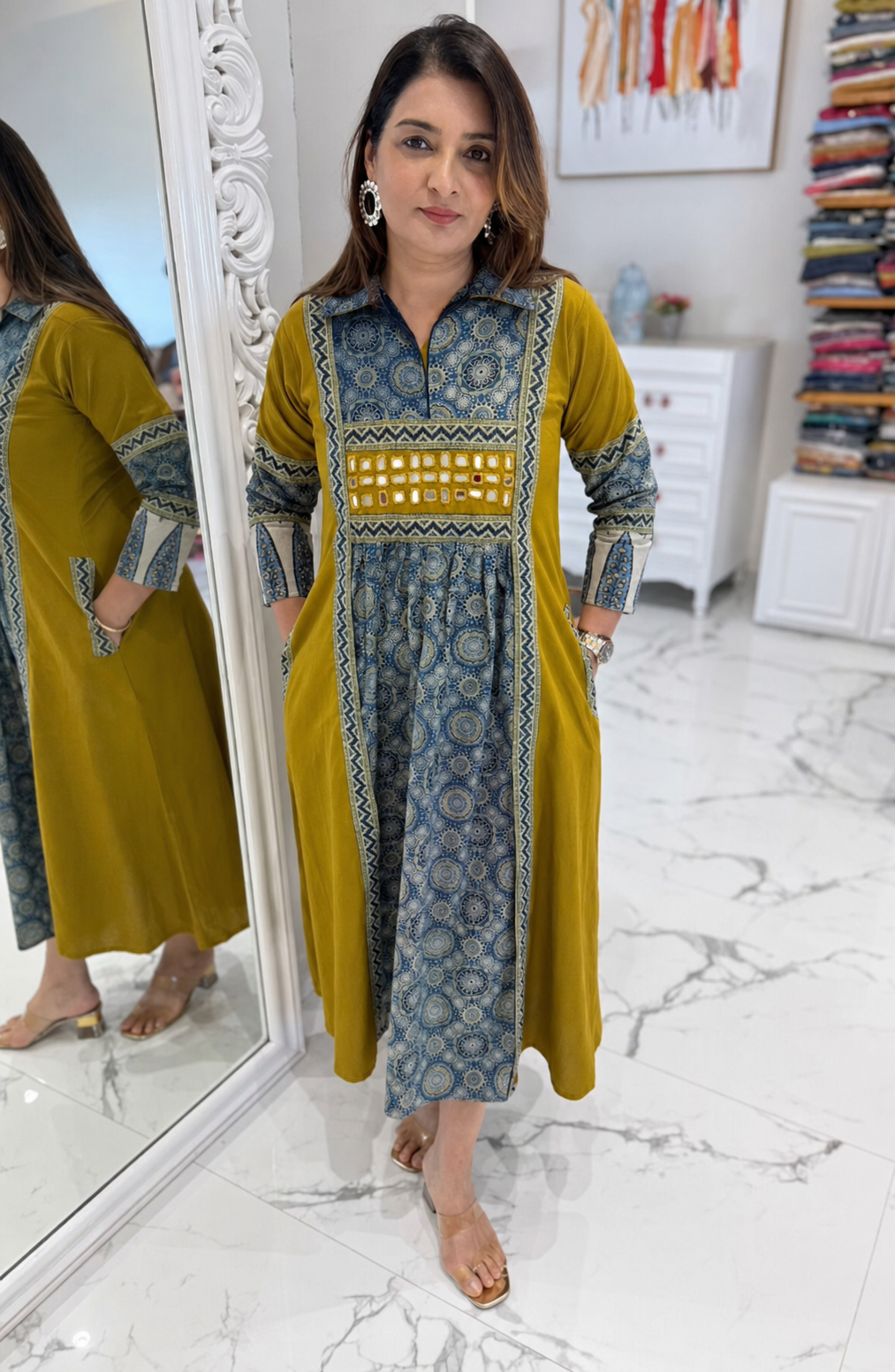 Mustard Blue Printed Kurti