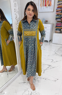 Mustard Blue Printed Kurti