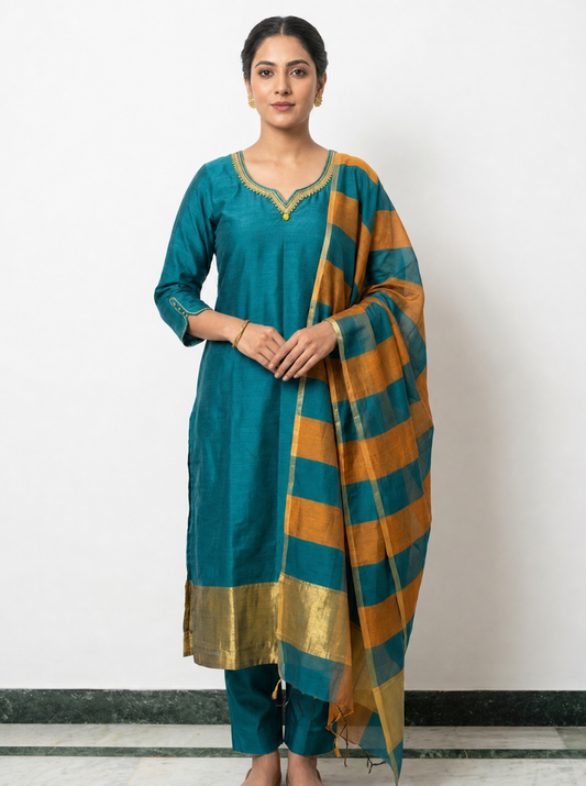 Teal Cotton Kurta Pant Dupatta Set
