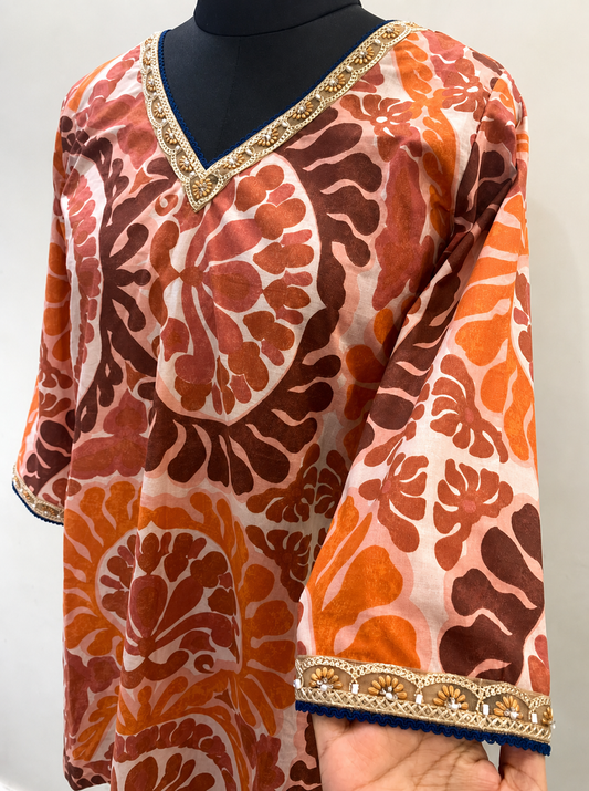 Rust Printed V-Neck Cotton Kurti