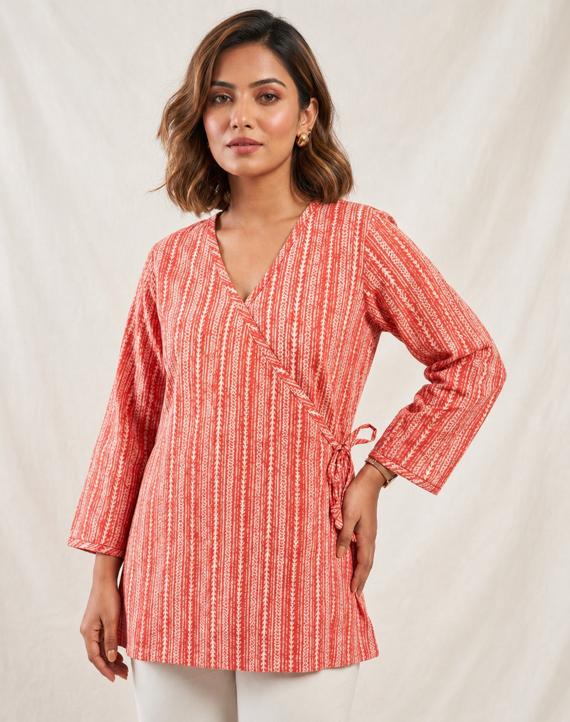 Women’s Coral Pink Printed Wrap-Style Cotton Tunic