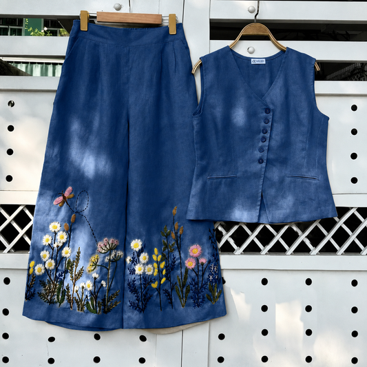 Blue Embroidered Vest and Palazzo Co-ord Set