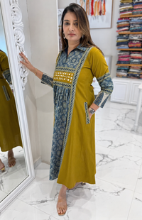 Mustard Blue Printed Kurti