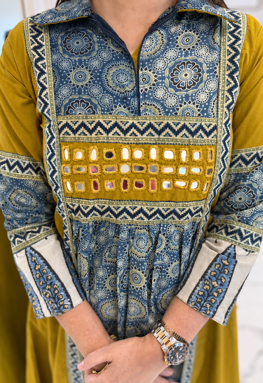 Mustard Blue Printed Kurti