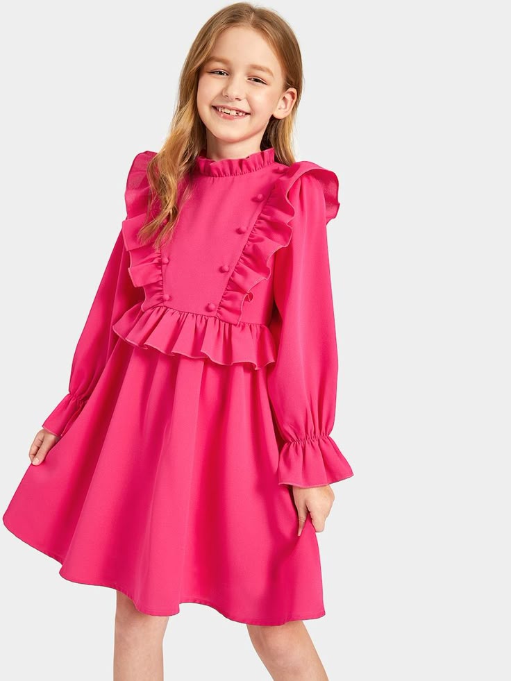 Vibrant Pink Ruffle & Button Accent Long-Sleeve Dress