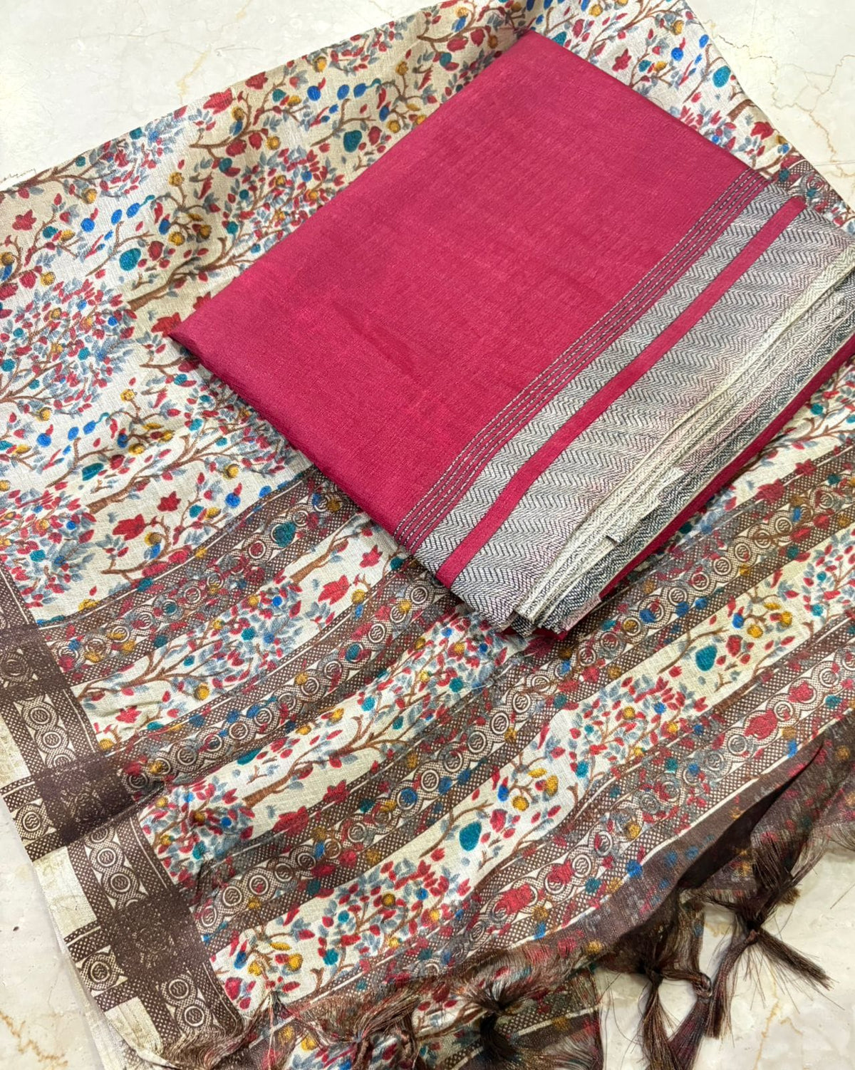 Rani Pink Floral Printed Running Material Fabric with Coordinated Border