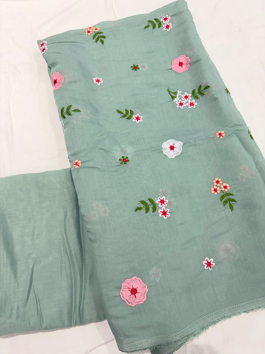 Sage Green Floral Embroidered Co-Ord Set Fabric for Women