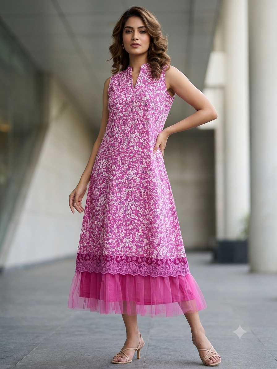 Bright Pink Floral Printed Midi Dress with Tulle Frill Hem