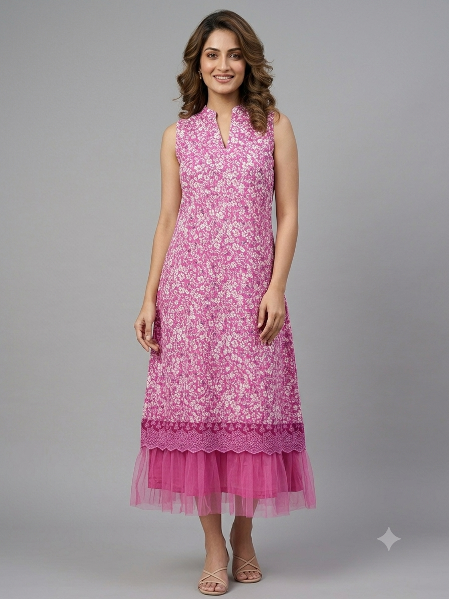 Bright Pink Floral Printed Midi Dress with Tulle Frill Hem
