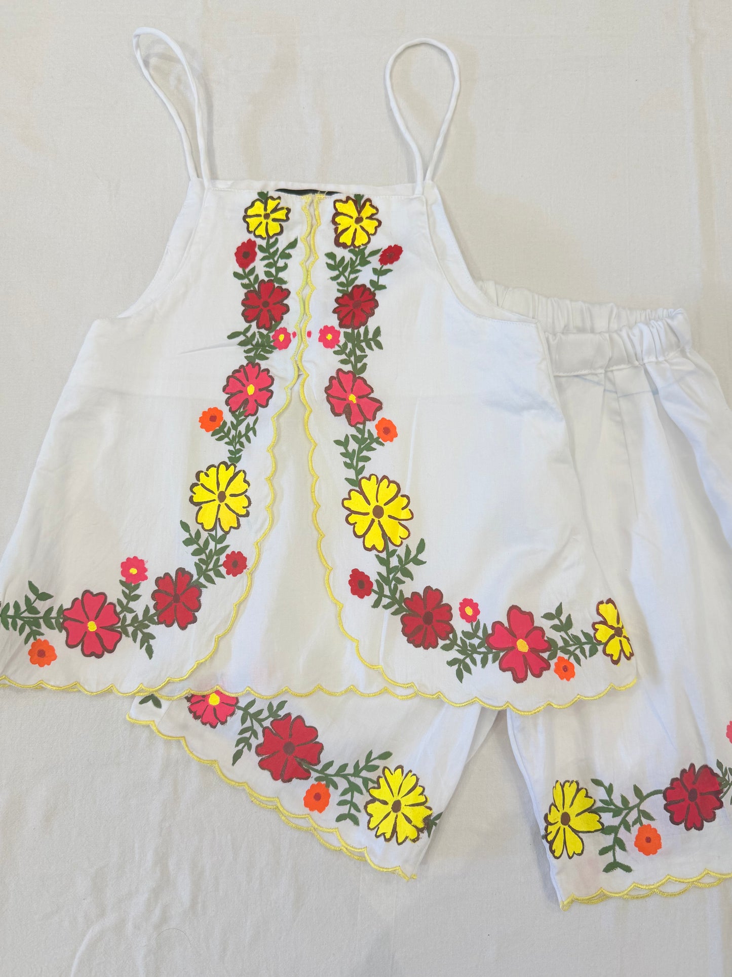 White Floral Hand-Painted Co-ord Set for Girls