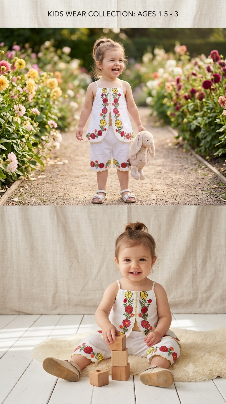 White Floral Hand-Painted Co-ord Set for Girls