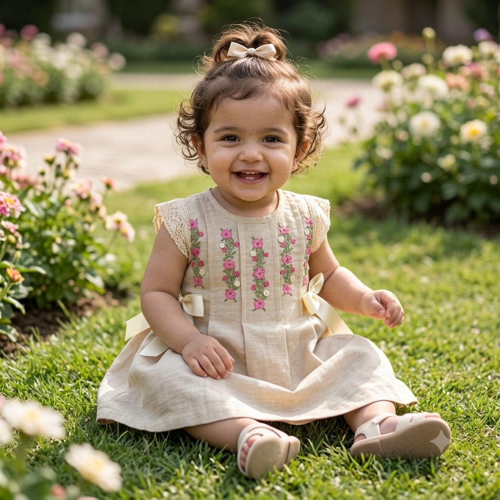 Beige Floral Embroidered Party Dress for Girls