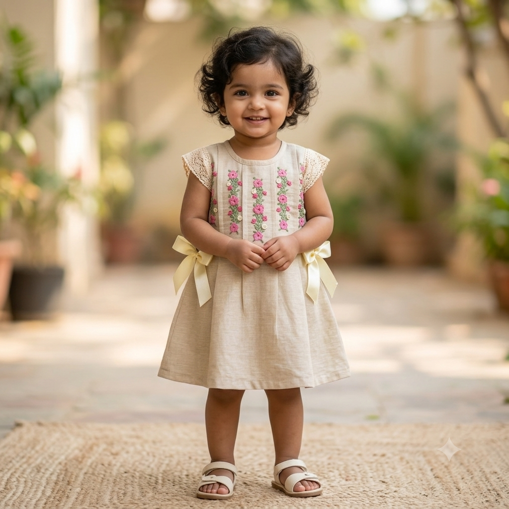 Beige Floral Embroidered Party Dress for Girls