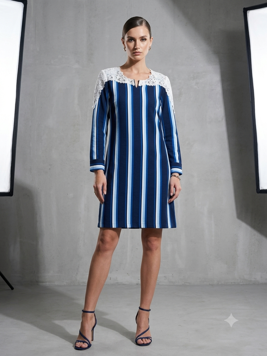 Blue Vertical Striped Shift Dress with Lace Yoke Accent