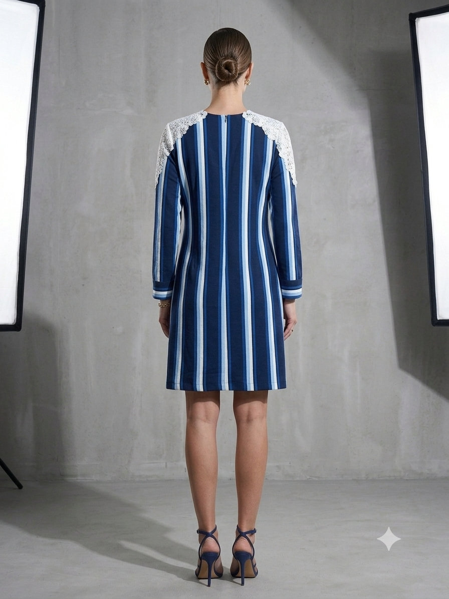 Blue Vertical Striped Shift Dress with Lace Yoke Accent