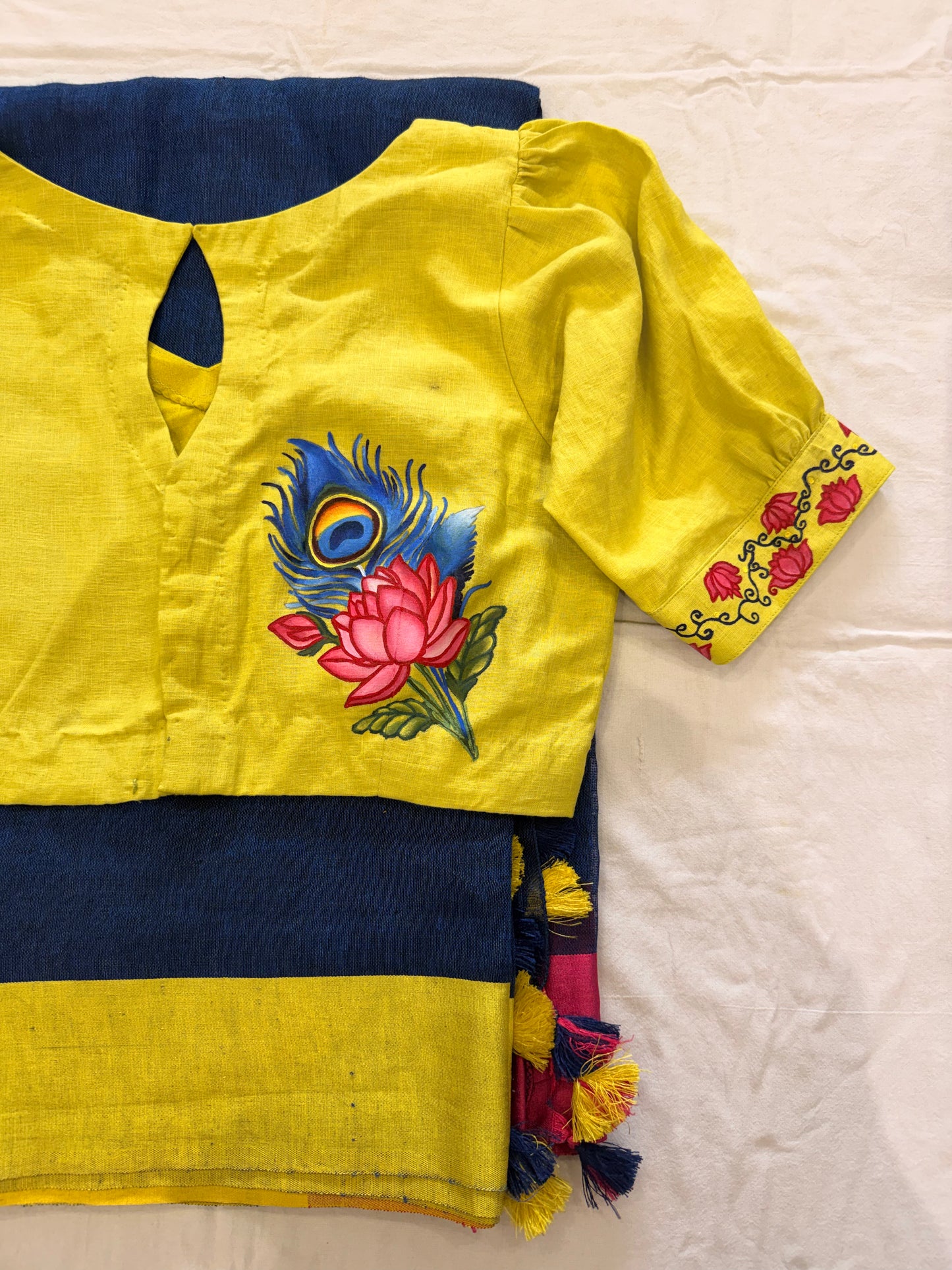Hand-Painted Peacock & Lotus Yellow Pure Linen Blouse with Saree Set